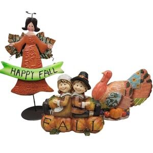 Unbranded Fall Thanksgiving Decor Set 3pc Pilgrim Turkey Angel Orange Multicolor